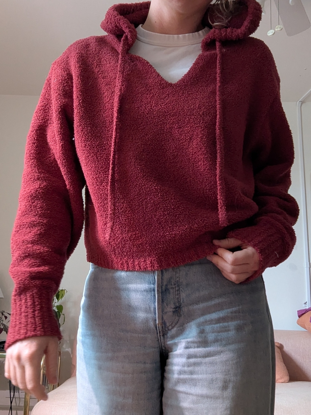 UGG Plush V-Notch Hooded Cropped Sweater - Burgundy